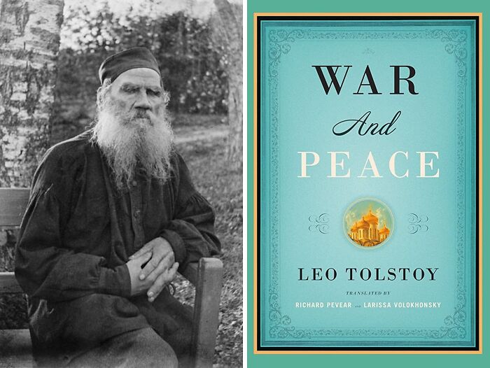 Portrait of Leo Tolstoy and book cover of War and Peace