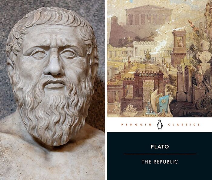 Sculpture head of Plato and book cover of The Republic