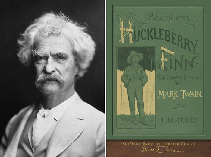 Portrait of Mark Twain and book cover of Adventures of Huckleberry Finn
