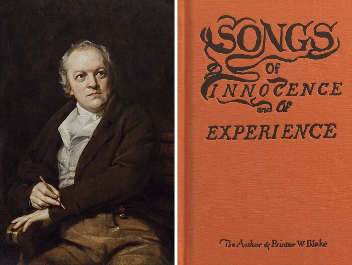 Portrait of William Blak and book cover of Songs of Innocence and Experience