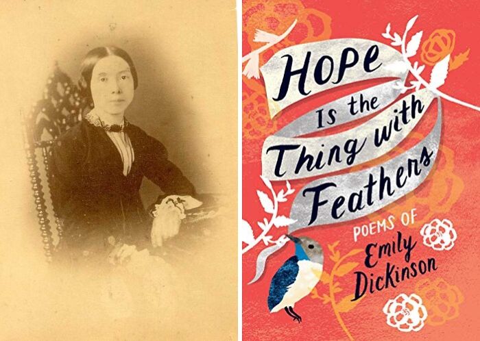 Portrait of Emily Dickinson and book cover of Hope is the Thing With Feathers