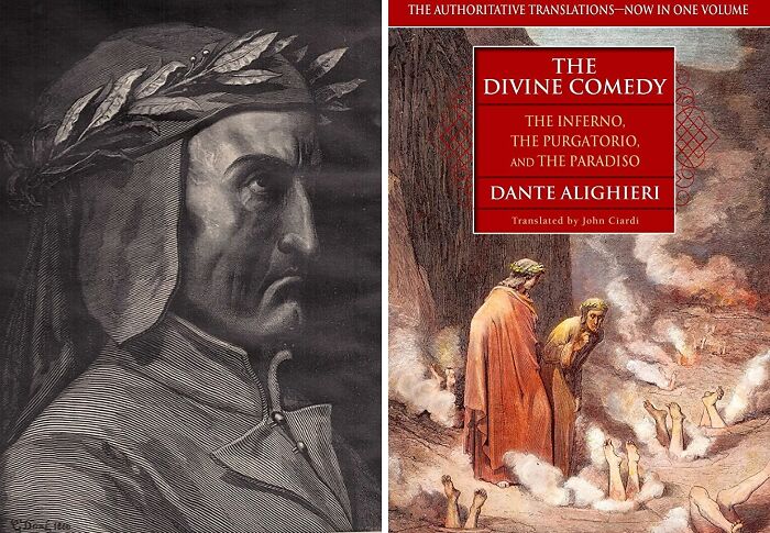 Portrait of Dante Alighieri and book cover of The Divine Comedy