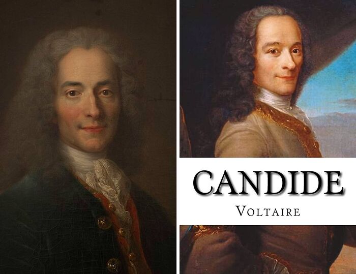 Portrait of Voltaire and book cover of Candide