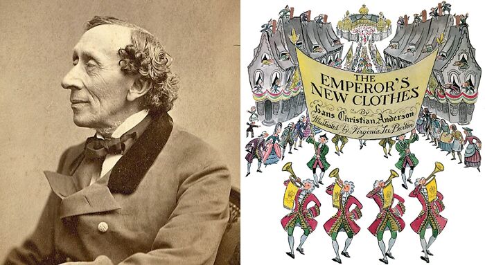 Portrait of Hans Christian Andersen and book cover of The Emperor's New Clothes