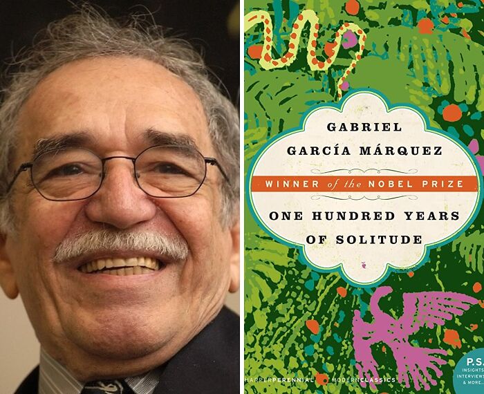 Portrait of Gabriel García Márquez and book cover of One Hundred Years of Solitude
