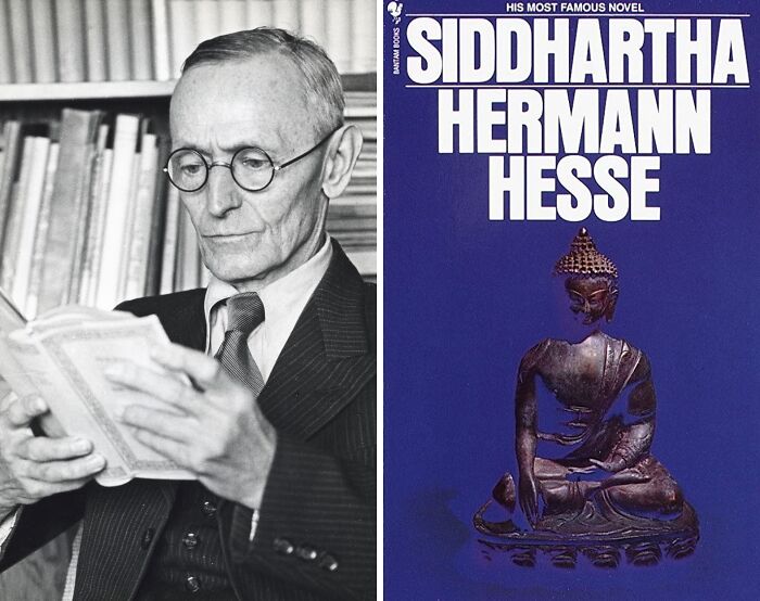 Portrait of Hermann Hesse and book cover of Siddhartha