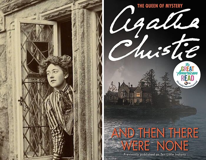 Portrait of Agatha Christie and book cover of And Then There Were None