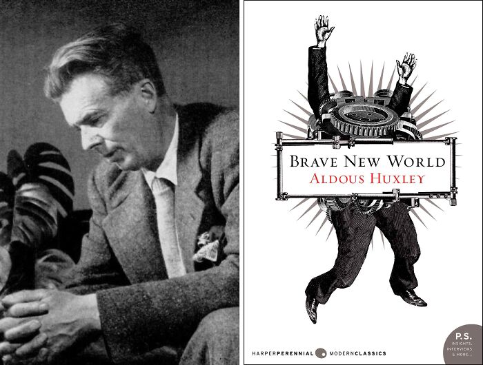 Portrait of Aldous Huxley and book cover of Brave New World