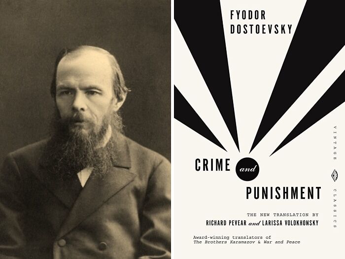Portrait of Fyodor Dostoevsky and book cover of Crime and Punishmen