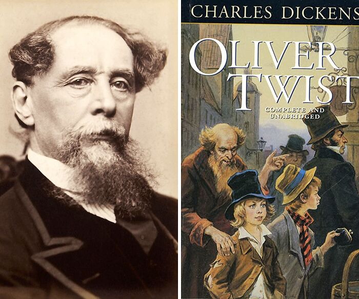 Portrait of Charles Dicken and book cover of Oliver Twist