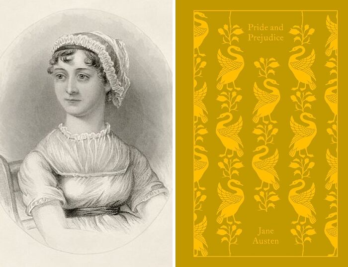 Portrait of Jane Austen and book cover of Pride and Prejudice