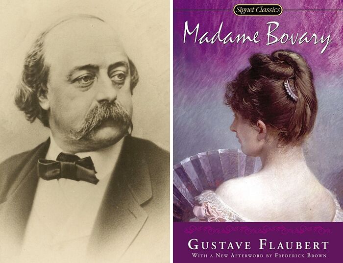 Portrait of Gustave Flaubert and book cover of Madam Bovary