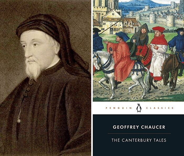 Portrait of Geoffrey Chaucer and book cover of The Canterbury Tales