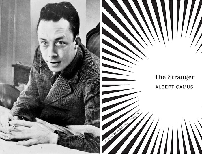 Portrait of Albert Camus and book cover of The Stranger