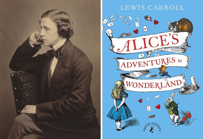 Portrait of Lewis Carroll and book cover of Alice’s Adventures in Wonderlan