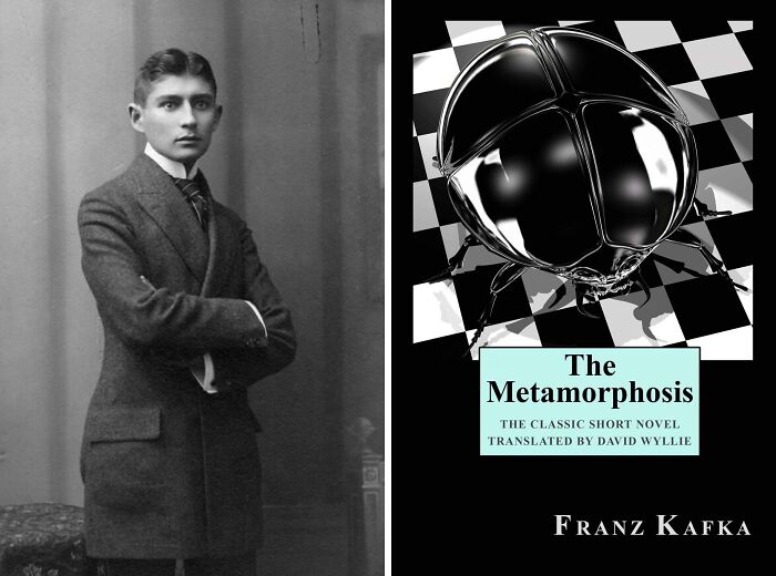 Portrait of Franz Kafka and book cover of The Metamorphosis