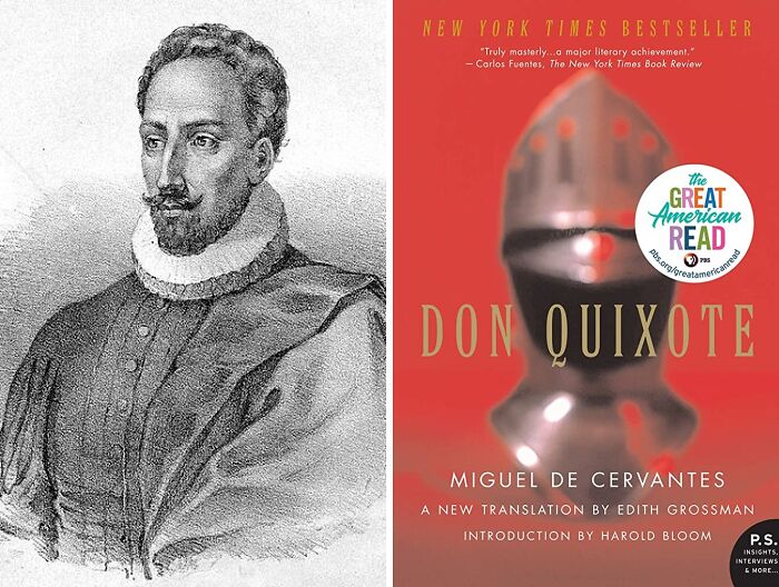 Portrait of Miguel De Cervantes and book cover of Don Quixote