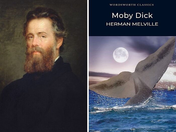 Portrait of Herman Melville and book cover of Moby Dick