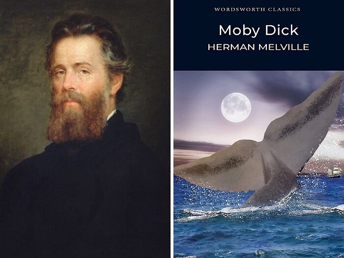 Portrait of Herman Melville and book cover of Moby D**k