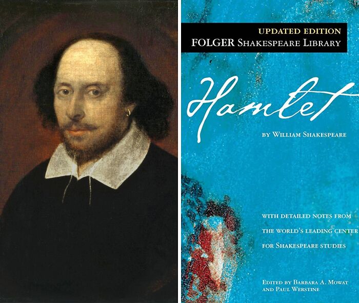 Portrait of William Shakespeare and book cover of Hamlet