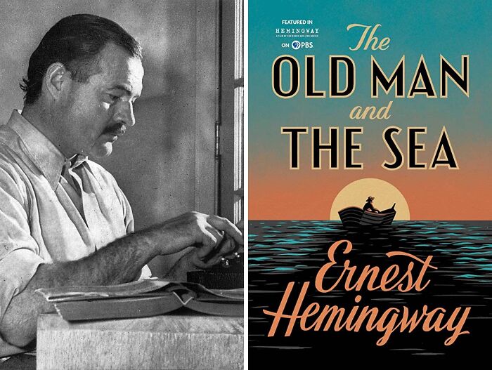 Portrait of Ernest Hemingway and book cover of the Old Man and the Sea
