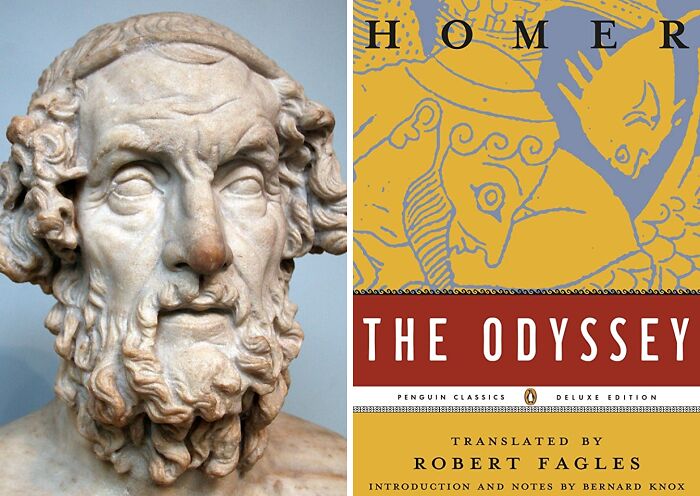 Sculpture head of Homer and book cover of Iliad” & The Odyssey