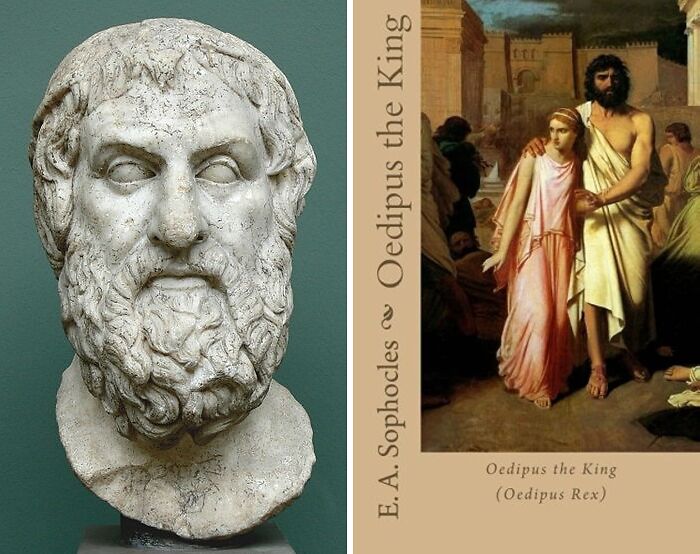 Sculpture head of Sophocles and book cover of Oedipus the King