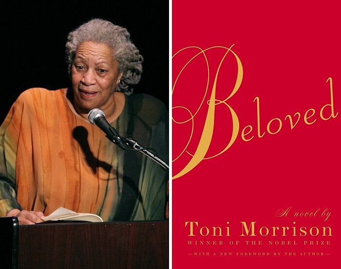 Portrait of Toni Morison and book cover of Beloved