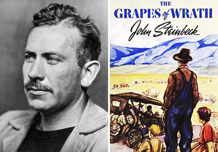 Portrait of John Steinbeck and book cover of The Grapes of Wrath