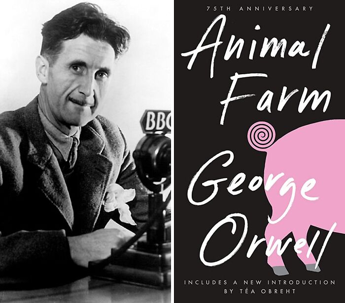 Portrait of George Orwell and book cover of Animal Farm