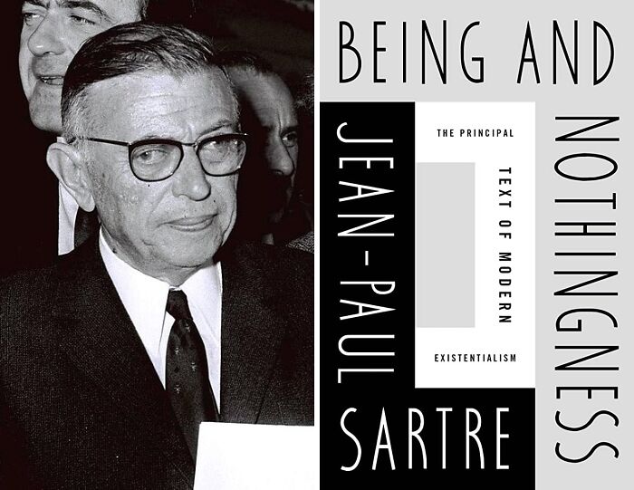 Portrait of Jean-Paul Sartre and book cover of Being and Nothingness
