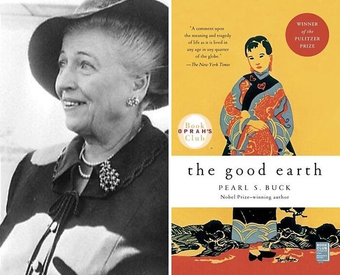 Portrait of Pearl S. Buck and book cover of The Good Earth
