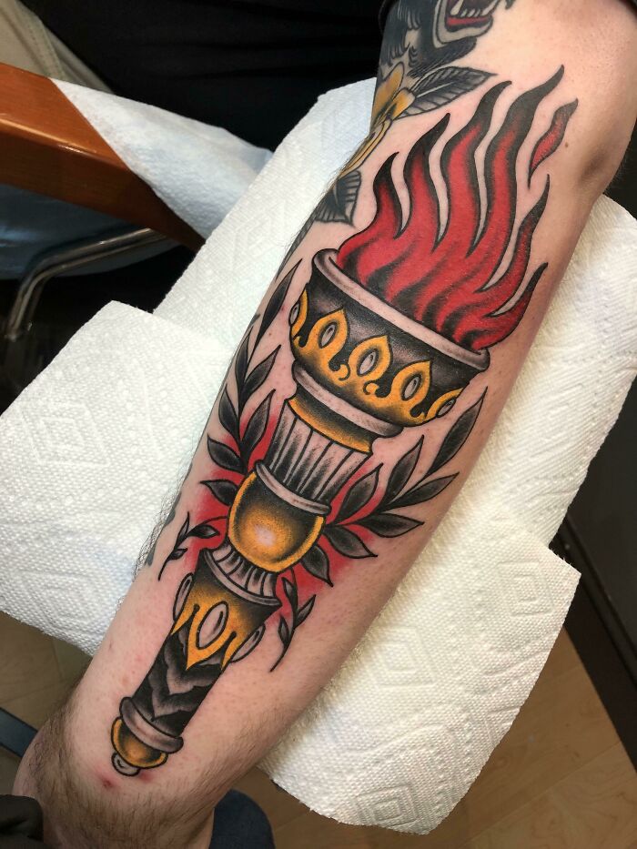 American Traditional Torch Done By Andy Reach At Redemption Tattoos In Cambridge MA