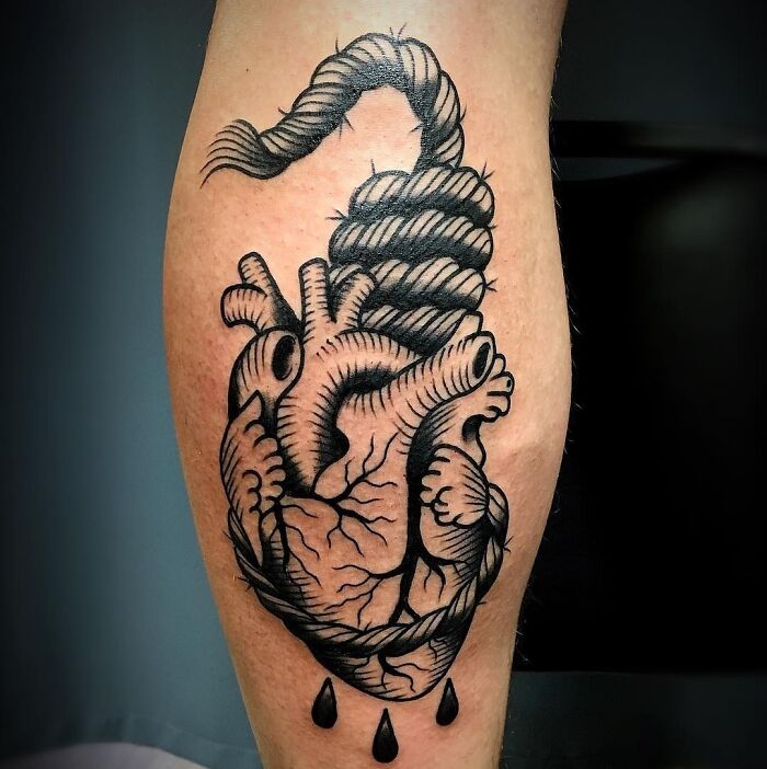 American Traditional Heart Being Hung By A Noose. Work By Darren Babbitt Of Burly Fish Tattoo. Flagstaff, AZ