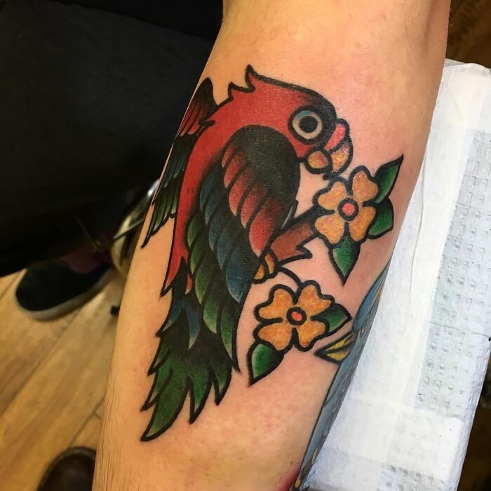 A vivid American traditional tattoo of a colorful bird with flowers on an arm.