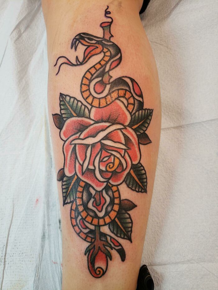 American Traditional Rose And Snake, Done By Cody At Oxford Tattoo, MS