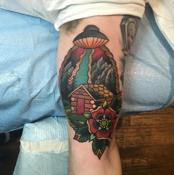 My American Traditional Nature Scene With A UFO By Jamie Santos At Tymeless Tattoo In Baldwinsville, NY