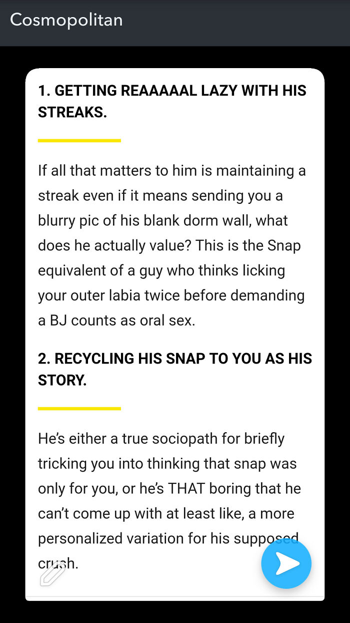 Cosmo Snapchat Article On 12 Red Flags From Boys
