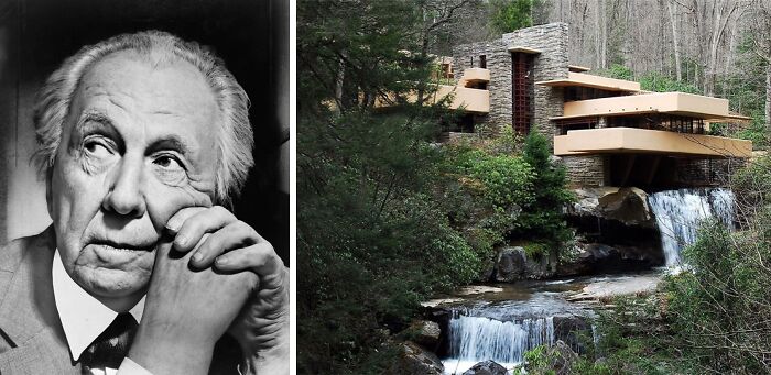 Pictures of Frank Lloyd Wright and fallingwater near house
