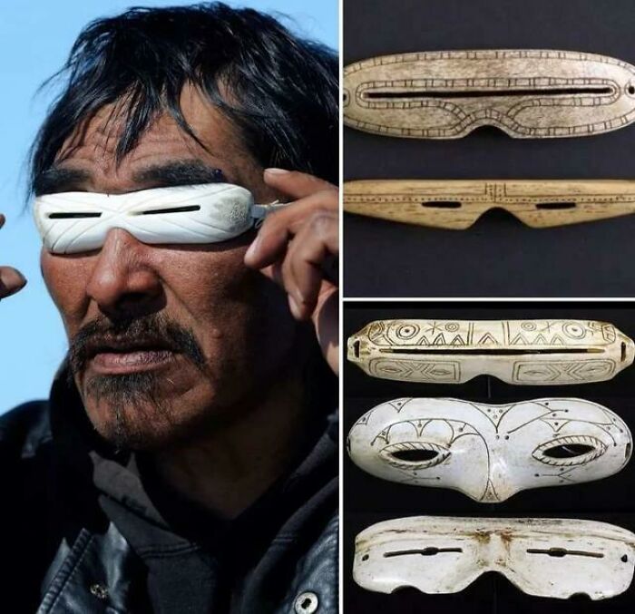 Thousands Of Years Ago, The Inuit And Yupik People Of Alaska And Northern Canada Carved Narrow Slits Into Ivory, Antler, And Wood To Create The World's First Snow Goggles. This Diminished Exposure To Direct And Reflected Ultraviolet Rays—thereby Reducing Eye Strain And Preventing Snow Blindness