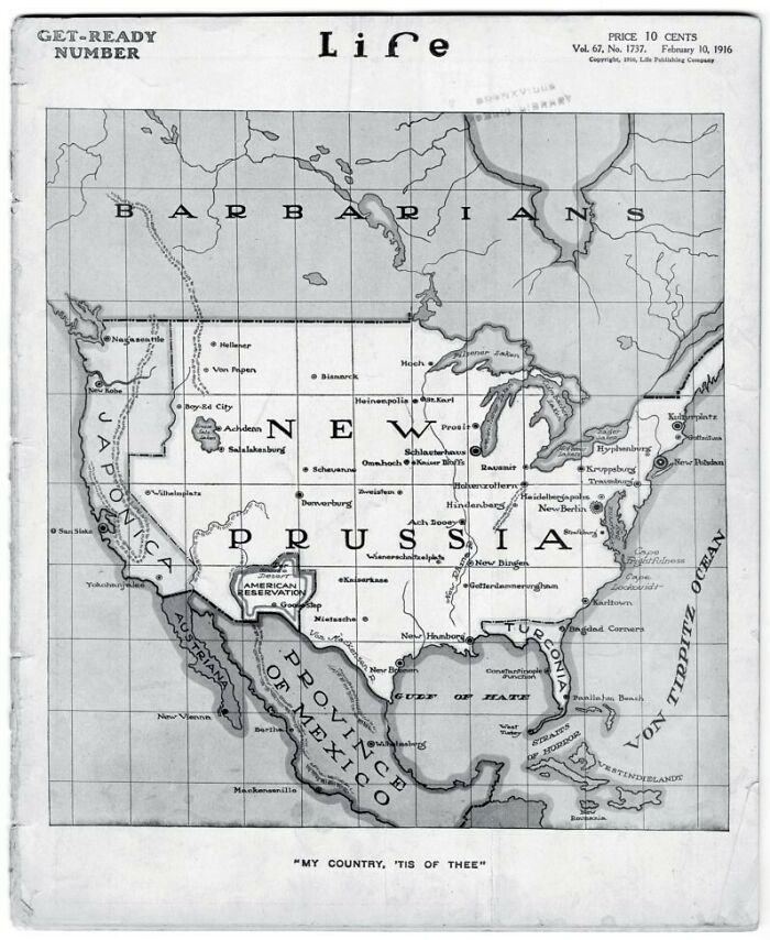 This Image Of A Us Map Appeared On The Cover Of The February 10, 1916, Cover Of Life Magazine, A Year Before The Us Declaration Of War