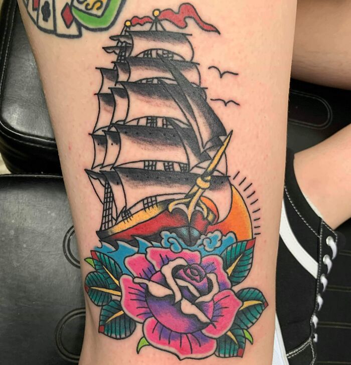 American traditional ship leg tattoo