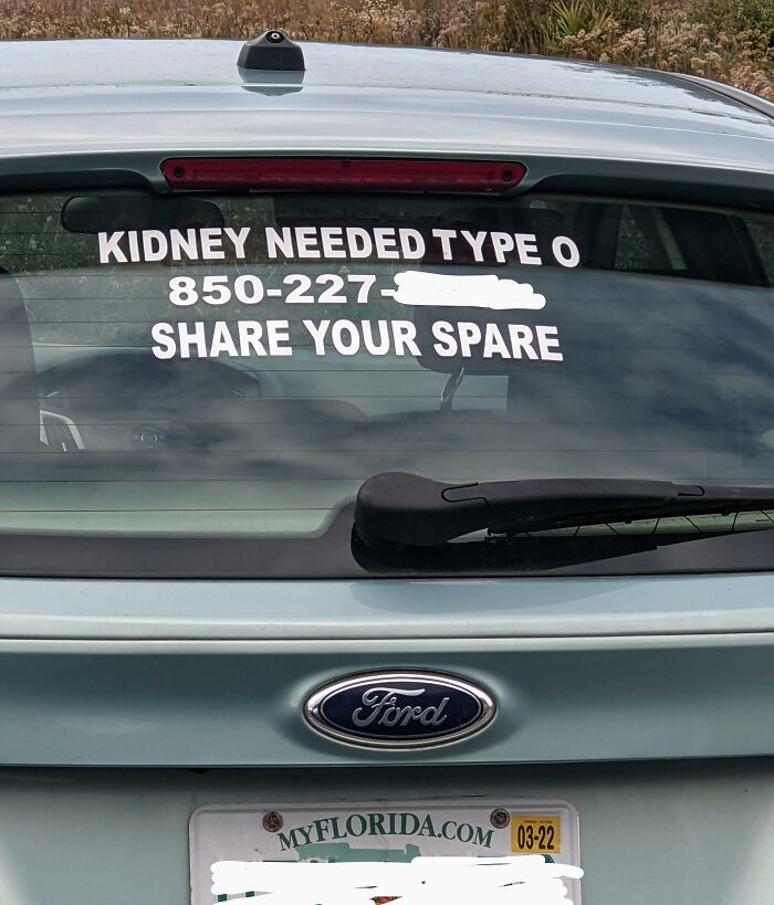 Driver Asks For Spare Kidney On Back Of Car