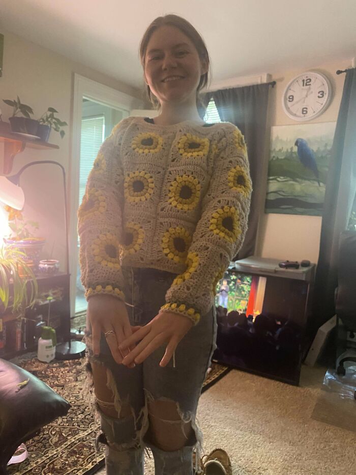 I Made This Sweater In Two Weeks The Day I Finished It My Partner Cut It Up In Front Of Me. I Was Able To Re Crochet 10 Squares And Mend The Entire Thing With Only The Yarn On The Sweater And Maybe An Extra Yard. I Just Haven’t Shared This With Anyone