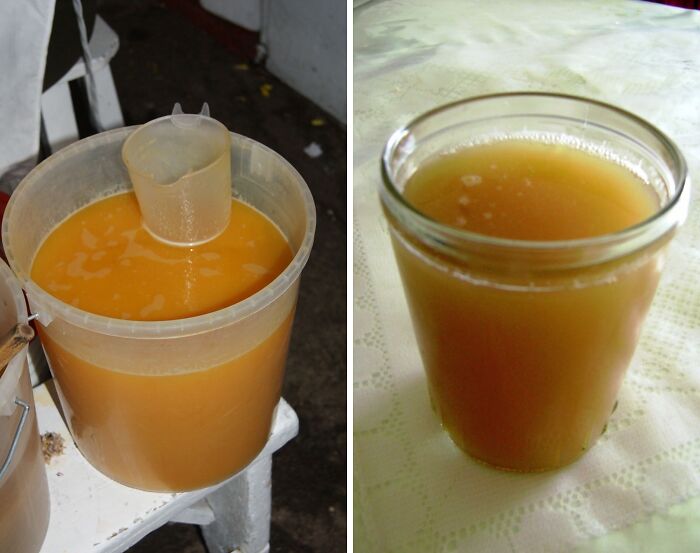 bucket and a jar of orange liquids