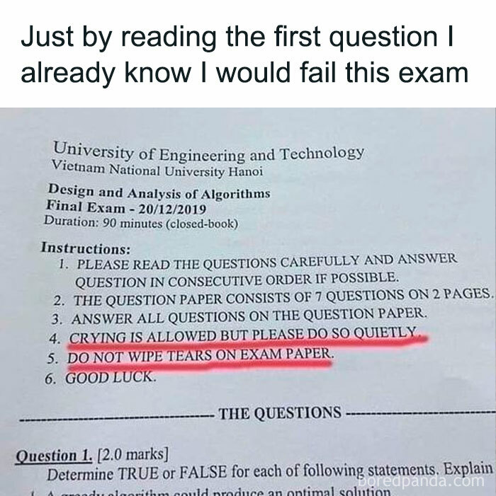 University meme showing a humorous exam instruction about crying silently during the test.