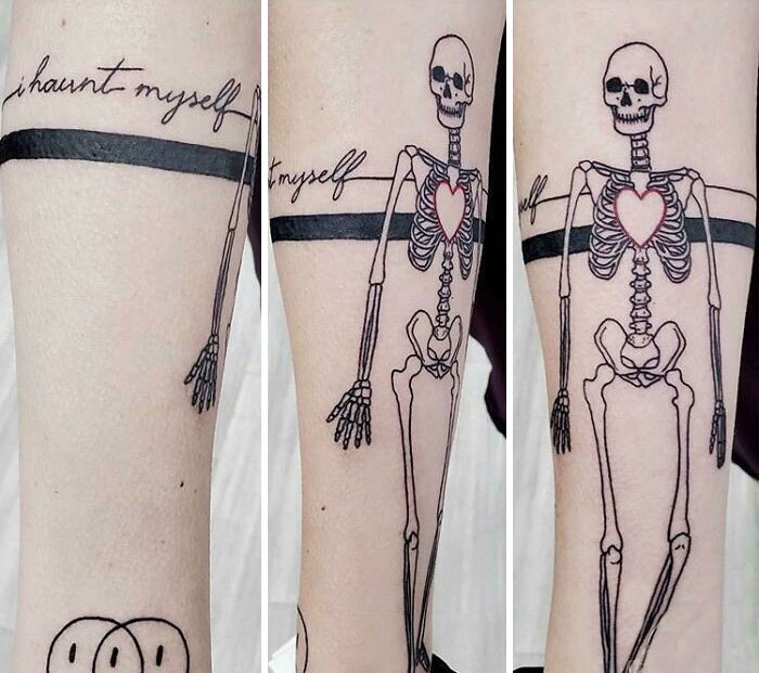 “I Haunt Myself” Skeleton, Bands, And Smileys. Done By Kitty At Black Dahlia Tattoo In Willoughby, Ohio