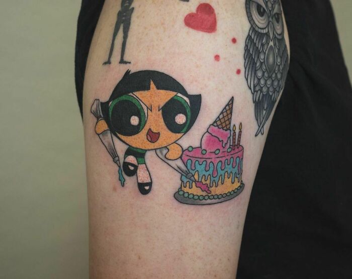 Buttercup girl making a cake watercolor tattoo