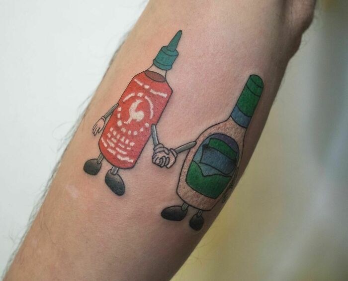 Watercolor tattoo of ketchup and mayonnaise bottles holding hands, showcasing creative food-inspired ink-spiration.
