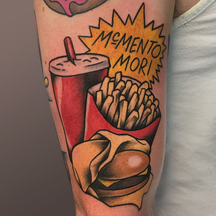 Burger, fried potatoes and cola watercolor tattoo